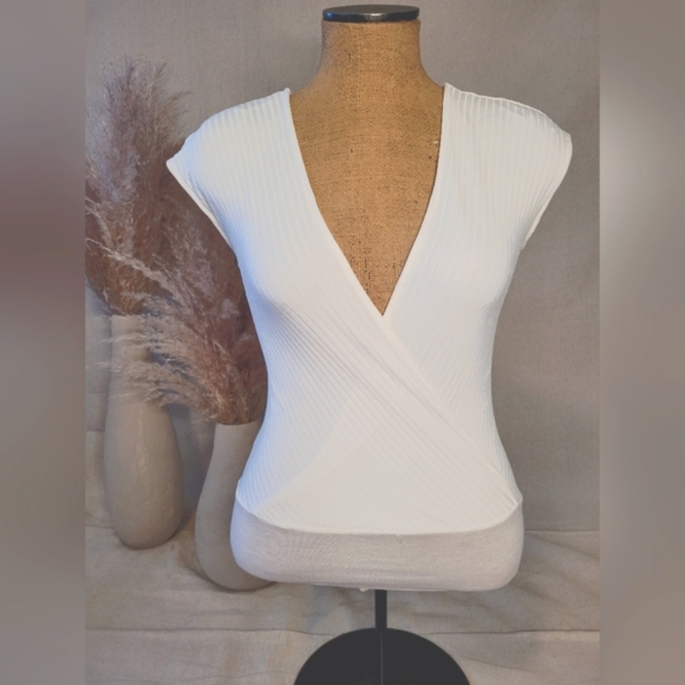 Zara Knit Plunge V Neck Ribbed Bodysuit in Bright White